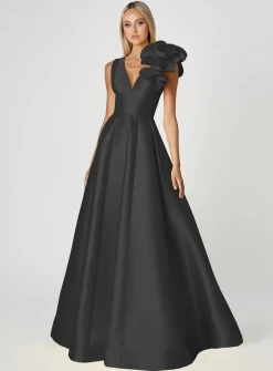 Exclusive Black Mirella V Neck Ruffle Gown