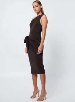 Thinking Out Loud Midi Dress - Chocolate - Size 6 -Fashion Dress Shop mossman choclate one shoulder midi
